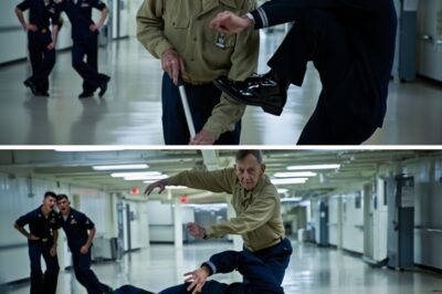 “POP – THE 78-YEAR-OLD JANITOR WHO SHUT DOWN A YOUNG NAVY OFFICER: TWO WORDS THAT FROZE THEIR BLOOD” They called him “Pop.” They called him “Mop One.” The young sailors laid their hands on him and demanded to know his old call sign. They never should have touched the pin. They thought he was just a janitor. They forgot that old men sometimes went to war. Then, the command channel lit up with two words that froze their blood: “Dragon Six.” Robert Hayes, seventy-eight years old—thin but wiry—still gripped his old, worn-out mop, familiar in his hands as his own skin. He didn’t look up when a sharp, youthful voice rang out behind him: “Hey, Pop, you got a second?” The voice was laced with arrogance, that brand of cocky confidence that only comes from being young, wearing a uniform, and thinking you’ve got life all figured out. But Robert had learned to choose his battles. A kid in shiny boots trying to pick a fight with a janitor wasn’t one of them. His mop moved in steady rhythm across the hallway floor — swish, swipe, half-circle. The sound was clean, calm, and steady, leaving a dark gleaming arc on the polished linoleum of the naval base corridor — a small act of order in a world full of noise. “I’m talking to you, old man.” Robert recognized the smirk in the voice before he even looked up. The kid couldn’t have been more than twenty, maybe twenty-one, his face still too soft for a razor, but his expression stolen straight from some movie about drill sergeants. He looked every bit the part of a hotheaded recruit trying to prove himself. But in that moment, Robert decided — this kid was about to learn a lesson he’d never forget.
