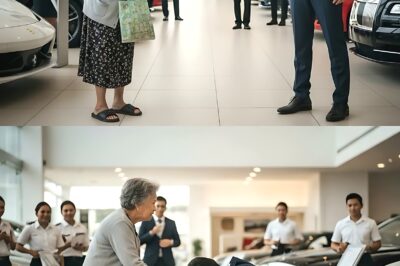 OLD BILLIONAIRE ACCEPTS BEGGING INSIDE LUXURY CAR DEALERSHIP AND IS KICKED OUT BY SALESMAN — BUT EVERYTHING IS STOPPED WHEN GENERAL MANAGER ARRIVES AND KNEELS IN FRONT OF HER