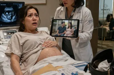 A cinematic Filipino family-betrayal and miracle-pregnancy revelation scene inside an upscale OB-GYN clinic in Ortigas Center, Metro Manila, late morning, ultra-realistic, 8K, square format 1:1, viral storytelling thumbnail. Foreground (main emotional focus): A 45-year-old Filipina woman lies half-raised on a white ultrasound bed, wearing a light hospital gown with gel still on her stomach. Her face is the emotional center of the image — stunned, heartbroken, pale, eyes glossy with shock, lips slightly parted as if she has just heard something impossible. One hand grips the edge of the bed tightly, the other rests protectively over her small pregnancy bump. She is elegant but exhausted, with the quiet strength of a woman who has suffered for years to become pregnant and is now realizing her world is collapsing. Center (main dramatic revelation): Beside the bed stands a female Filipina doctor in her late 40s to early 50s, still in a white coat and medical gloves partly removed, holding a tablet or monitor turned toward the patient. The doctor’s expression is tense, shaken, conflicted, and full of reluctant compassion — as if she is about to reveal a devastating truth. On the screen is a check-in photo showing the pregnant woman’s husband sitting closely beside another much younger pregnant Filipina woman in the same clinic waiting room. The image on the screen must be visible enough to clearly communicate betrayal. Midground (visual clues of the painful truth): An ultrasound monitor beside the bed shows the black-and-white image of a healthy 12-week baby, symbolizing the miracle pregnancy. Nearby, on a small medical desk, are fertility documents, hormone injection pens, prescription bottles, and a folded envelope of lab results — subtle signs of years of expensive fertility struggle. A handbag is half-open on a chair, with papers and tissues visible, suggesting the woman came in expecting joy, not devastation. Background (environment and hidden tension): The OB clinic is modern, polished, and softly luxurious, with cream walls, glass partitions, muted gold details, and a framed beach painting on the wall that feels oddly out of place. Through the slightly open office door or hallway glass, the silhouette of a quiet waiting area can be seen, hinting that this is the very place where both pregnancies have been unfolding in secret. The clean medical environment contrasts sharply with the emotional violence of the moment. Lighting: Cold white medical light from above mixes with soft daylight from a nearby window. The woman’s face is lit in a way that highlights every detail of shock and betrayal, while the doctor is partly lit, emphasizing the gravity of the revelation. The monitor glow adds an eerie, clinical tension. Mood and atmosphere: Shattering, intimate, tense, humiliating, deeply emotional. The image must capture the exact second a long-awaited miracle pregnancy becomes entangled with betrayal, deception, and another hidden family. It should feel like the beginning of a life-changing confrontation. Important visual style notes: ultra-realistic faces, intense cinematic composition, emotional clarity, dramatic storytelling, Filipino characters, realistic OB clinic details, no fantasy elements, no exaggerated horror, highly viral social-media thumbnail energy, sharp focus, rich texture, powerful emotional contrast, square 1:1 composition.