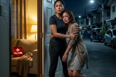 A cinematic Filipino twin-sister rescue and confrontation scene in a quiet middle-class neighborhood in Pasig, Metro Manila, warm humid night, ultra-realistic, 8K, square format 1:1, viral storytelling thumbnail. Foreground: a strong, beautiful Filipina woman in her early 30s stands barefoot at the open front door of a modest bungalow, wearing a fitted dark training shirt and athletic pants, her posture instantly alert and protective. Her face is tense, shocked, and heartbroken, eyes wide as she catches her identical twin sister collapsing into her arms. She radiates disciplined strength, suppressed fury, and fierce love. In her arms: her twin sister, also a beautiful Filipina in her early 30s, visibly battered and emotionally shattered. Her cheek is swollen and bruised, lower lip split, one side of her face marked with fresh and fading bruises, arms showing painful finger-shaped marks. She wears a thin oversized cardigan over a simple house dress, hair messy and slightly damp with sweat, body limp with exhaustion and fear. Her expression is dazed, tearful, and broken, as if she has just escaped a nightmare. Midground: the small living room visible through the open doorway — warm lamp light spilling out, a simple sofa, a folded blanket, a first aid kit on a side table, creating the feeling of sudden refuge and fragile safety. The clean but humble Filipino home contrasts sharply with the violence she fled. Background: a quiet residential Pasig street at night with concrete houses, parked tricycles and compact cars, a glowing streetlamp, potted plants near the gate, faint silhouettes of neighboring homes under humid Metro Manila air. The neighborhood feels ordinary, peaceful, and hauntingly unaware of the violence hidden behind closed doors. Lighting: dramatic cinematic contrast between the warm yellow indoor light and the dark blue tropical night outside, soft highlights on bruised skin, realistic shadows, emotionally charged atmosphere. Mood: heartbreaking, tense, protective, intimate, survival, sisterhood, justice about to begin. Composition: dynamic storytelling frame, the open doorway centering both sisters, one collapsing and one catching, high emotional clarity, expressive faces, ultra-detailed skin texture, realistic bruising, shallow depth of field, photorealistic, cinematic realism, perfect for a viral social drama thumbnail.