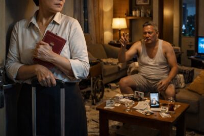A cinematic Filipino emotional-liberation and late-life betrayal scene inside a modest middle-class condominium unit in Mandaluyong, Metro Manila, at night, ultra-realistic, 8K, square format 1:1, viral storytelling thumbnail.  Foreground (emotional focus): A dignified Filipina woman in her late 50s to early 60s stands near the apartment door, just moments before leaving her marriage behind. She wears a simple office blouse and dark skirt, slightly wrinkled from a long day, and holds a small red retirement booklet tightly against her chest in one hand while the other grips the handle of a medium-sized suitcase. Her face is pale but composed, with restrained tears in her eyes — a powerful mix of heartbreak, exhaustion, humiliation, awakening, and quiet rebellion. She is not weak; this is the exact moment a woman who has silently sacrificed everything finally chooses herself.  Center of scene (conflict core): A domineering middle-aged Filipino husband sits on an old sofa in the living room, wearing a sleeveless undershirt and house shorts, one hand holding a cigarette, the other raised as if mid-command. His expression is arrogant, irritated, and shocked that his wife is resisting him. Beside him on the coffee table are scattered medicine boxes, household bills, an ashtray overflowing with cigarette butts, and a cellphone displaying a photo of his elderly parents in wheelchairs — symbolizing the burden he is trying to force onto her.  Background (story tension): The condo interior feels cramped, tired, and emotionally suffocating — yellowish ceiling light, old curtains, worn furniture, a half-open bedroom door, and a hallway leading into darkness. Near the wall is a folded wheelchair or elderly care supplies already prepared, subtly implying the husband has arranged everything without her consent. The TV is still on, casting a cold flickering light across the room. A small framed family photo on the shelf shows the woman, her husband, and their daughter from years ago — hinting at decades of silent sacrifice.  Atmosphere and symbolism: The scene should feel heavy, intimate, and emotionally explosive without shouting — the silence before a life-changing departure. Her suitcase represents freedom. The red retirement booklet symbolizes a lifetime of labor finally returning to her hands. The husband’s seated posture contrasts with her standing strength. The lighting should create strong emotional contrast: warm but suffocating indoor yellow light mixed with colder bluish city light coming from the window, emphasizing the transition from imprisonment to liberation.  Visual style:** ultra-realistic, cinematic film still, highly detailed facial expressions, dramatic lighting, shallow depth of field, natural skin texture, subtle tears, emotional realism, rich environmental storytelling, high contrast, intense mood, Filipino domestic setting, powerful female awakening, 8K, square composition, viral social media thumbnail